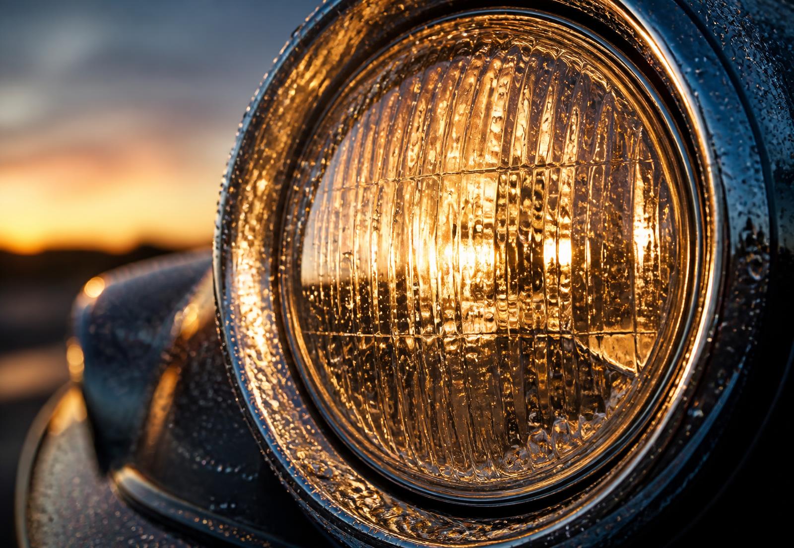 Restored headlight glowing clear at dusk